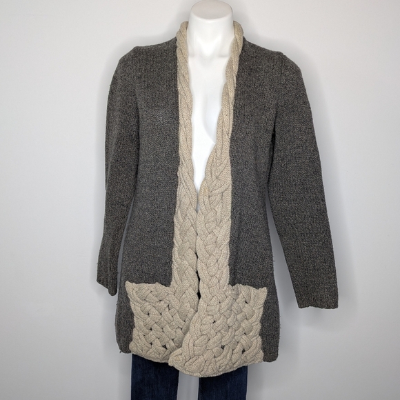 Anthro Sparrow Grey Braided Tan Wool Open Cardigan Sweater M - Picture 1 of 11